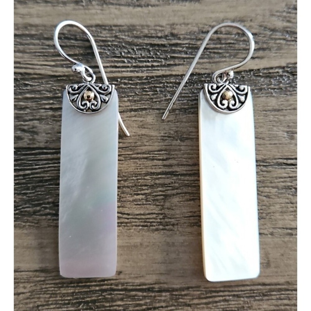 Bali Blue MOP Mother of Pearl 18k Sterling Silver Dangle Post Earrings 2.5"